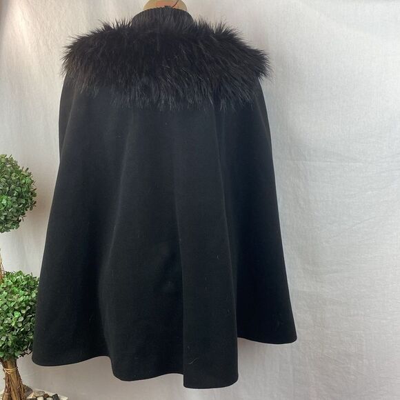 BCBG Black Ryder Fur Trim Vintage Look Pancho Cape Coat S - Picture 3 of 9